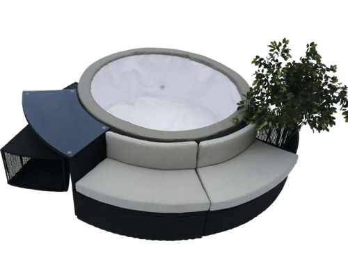 Runder Whirlpool mit Sitzgelegenheit, Ablagetisch und Pflanze
