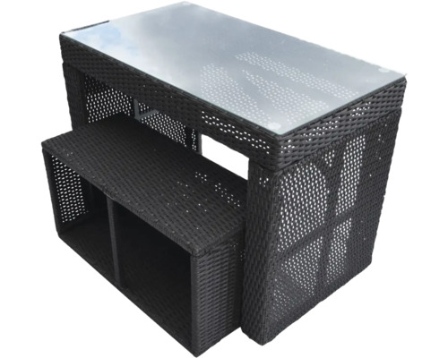 Gartentisch mit Glasplatte und Bank aus Polyrattan