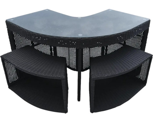 Gartentischgruppe aus Rattan mit Tischplatte aus Glas und zwei Hockern