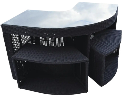 Gartentisch mit Glasplatte und zwei Hockern aus Polyrattan