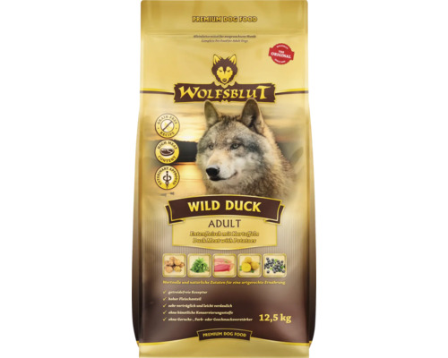 Hundefutter trocken WOLFSBLUT Wild Duck Adult, Ente mit Kartoffeln mit wertvollen Superfoods, getreidefrei, Glutenfrei 12,5 kg