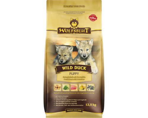 Hundefutter trocken WOLFSBLUT Wild Duck Puppy, Ente mit Kartoffeln Welpenfutter mit wertvollen Superfoods, getreidefrei, Glutenfrei 12,5 kg