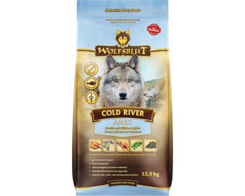 Hundefutter trocken WOLFSBLUT Cold River Adult, Forelle und Lachs mit Süßkartoffeln mit wertvollen Superfoods, getreidefrei, Glutenfrei 12,5 kg