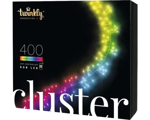 Verpackung einer Twinkly Cluster Lichterkette mit 400 mehrfarbigen RGB LEDs, steuerbar per App