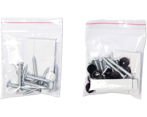 Schrauben-Set mit Abdeckkappen in durchsichtiger Verpackung