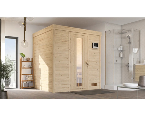 Massivholzsauna Karibu Cosmina inkl.3,6 kW Ofen u.ext.Steuerung mit Holztüre und Isolierglas wärmegedämt