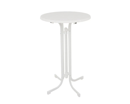Weißer Stehtisch mit runder Tischplatte und Metallgestell