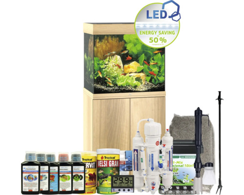 Aquariumkombination JUWEL Lido 120 SBX mit LED-Beleuchtung, Heizer, Filter und Unterschrank helles Holz inkl. Starterset mit Osmoseanlage, Easy Life Pflegemittel Set, Tropical Futter, Kies, Deponit Mix, Digitalthermometer, Mulmsauger, Pflanzenzange