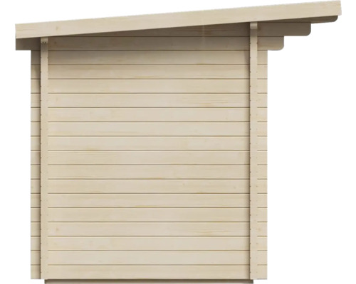 Seitenansicht eines Holzgartenhauses mit Satteldach