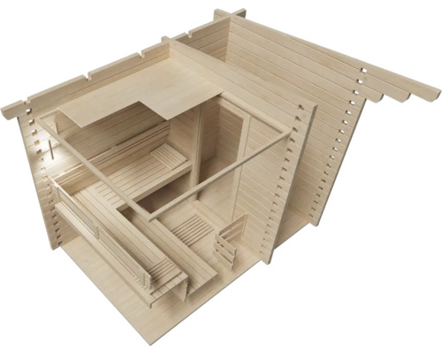 Innenansicht einer Gartensauna mit Holzbänken und Holzverkleidung.