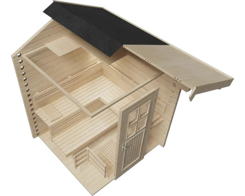 Innenansicht einer Blockbohlensauna mit Tür