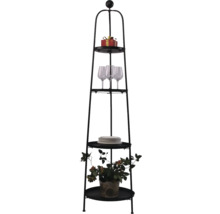 Etagere mit vier Ablagen, dekoriert mit Geschenk, Gläsern, Tellern und Topfpflanze