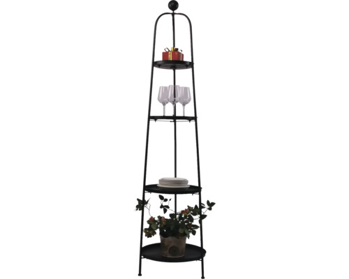 Etagere mit vier Ablagen, dekoriert mit Geschenk, Gläsern, Tellern und Topfpflanze