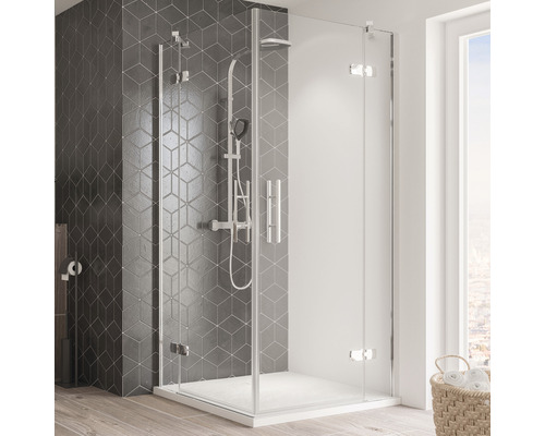 Eckeinstieg mit Drehtür Breuer Avanta 900x800x2000 mm Dekorglas Intima chromoptik Duschkabine mit Eckeinstieg und Duschsystem im modernen Badezimmer