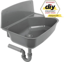 Grauer Ausgussbecken zur Wandmontage mit Siphon und Gewinner DIY Produkt 2022 2023 Siegel