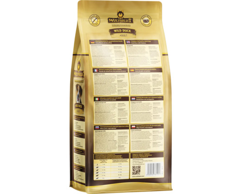 Wolfsblut Wild Duck Adult Hundefutter-Packung, Rückseite mit Produktinformationen und Fütterungsempfehlungen