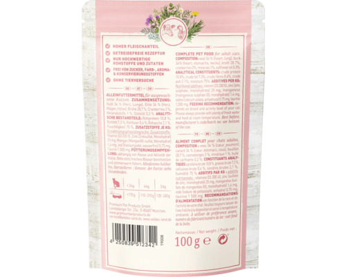 Wildes Land Katzenfutter für ausgewachsene Katzen mit Kalb, Ente und Cranberries, 100 Gramm