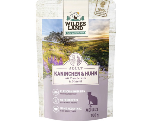 Wildes Land Katzenfutter Adult Kaninchen und Huhn, 100 Gramm
