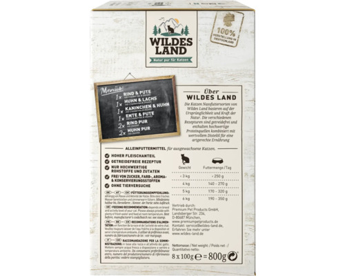 Informationen zu Wildes Land Katzenfutter mit Menüvarianten, Zusammensetzung und Fütterungsempfehlung