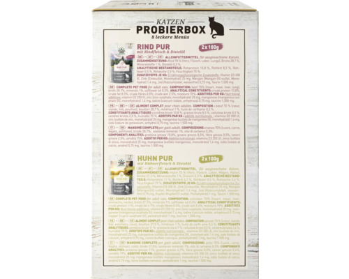 Katzen Probierset mit Rind- und Hühnergeschmack, jeweils 2 mal 100 Gramm