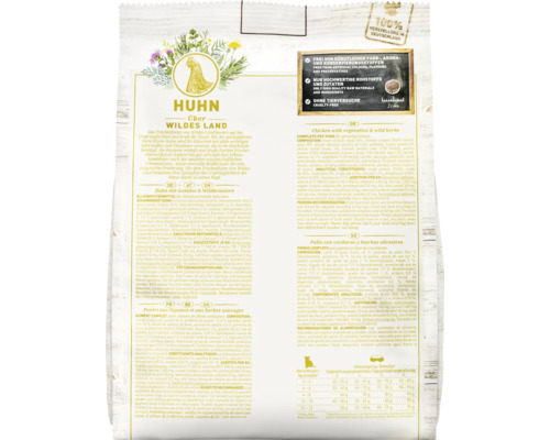 Verpackung Katzenfutter mit Huhn, Gemüse und Wildkräutern
