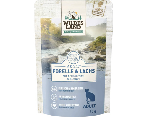 Katzenfutter nass WILDES LAND Forelle und Lachs mit Cranberries mit wertvollen Superfoods, getreidefrei, Glutenfrei 90 g