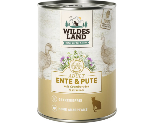 Katzenfutter nass WILDES LAND Ente und Pute mit Cranberries mit wertvollen Superfoods, getreidefrei, Glutenfrei 400 g