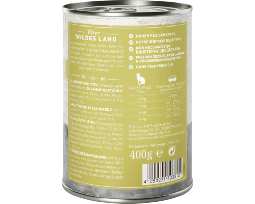 Wildes Land Katzenfutter Huhn Pur, 400 Gramm Dose