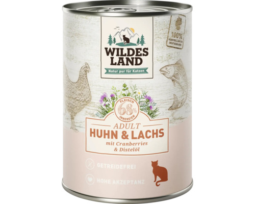 Katzenfutter nass WILDES LAND Huhn und Lachs mit Cranberries mit wertvollen Superfoods, getreidefrei, Glutenfrei 400 g