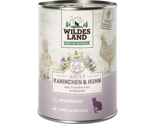 Katzenfutter nass WILDES LAND Kaninchen und Huhn mit Cranberries mit wertvollen Superfoods, getreidefrei, Glutenfrei 400 g