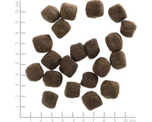 Hundefutter-Pellets mit Größenangabe