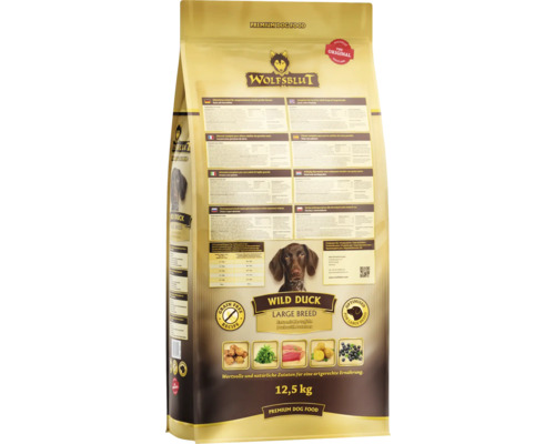 Wolfsblut Wild Duck Large Breed Hundetrockenfutter in einer 12,5 Kilogramm Packung.