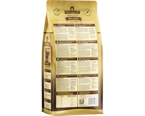 Rückseite einer Packung Wolfsblut Wild Duck Small Breed Hundetrockenfutter.