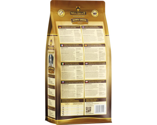 Wolfsblut Down Under Adult Hundetrockenfutter, Rückseite mit Produktinformationen.