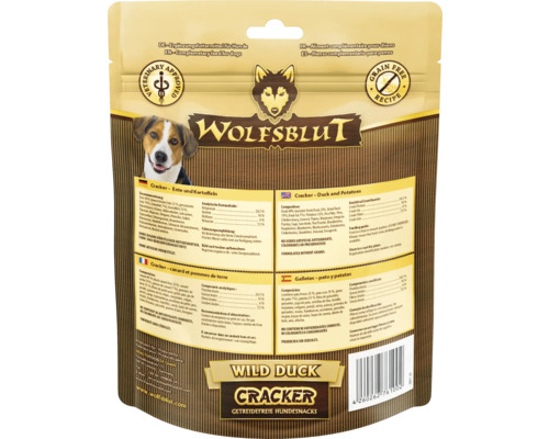 Wolfsblut Wild Duck Cracker, getreidefreier Hundesnack in einer Verpackung.