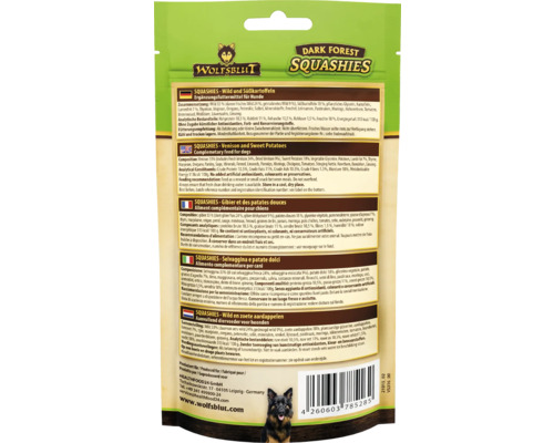 Wolfsblut Dark Forest Squashies Wild und Süßkartoffel Ergänzungsfuttermittel für Hunde Verpackungsrückseite