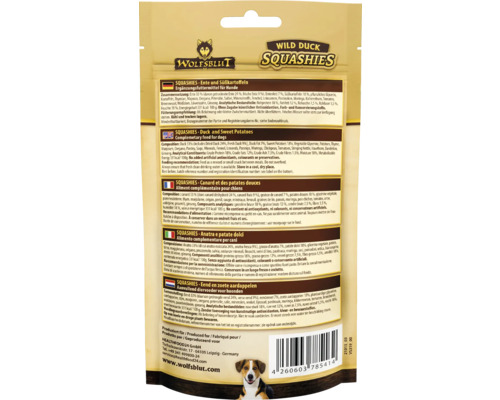 Wolfsblut Wild Duck Squashies Hunde-Ergänzungsfuttermittel Rückseite mit Zutatenliste