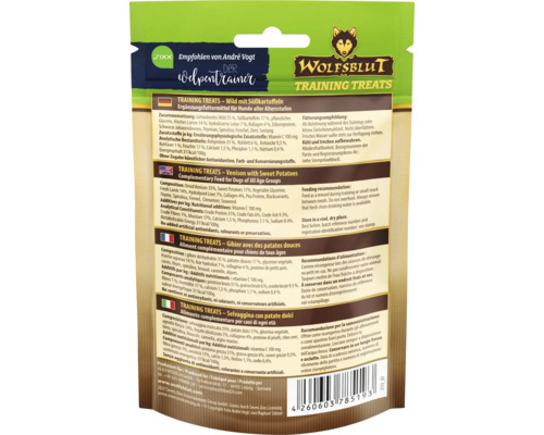 Wolfsblut Training Treats Rückseite mit Zutaten und Fütterungsempfehlung.