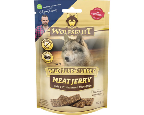 Hundesnack WOLFSBLUT Meat Jerky Duck & Turkey 80 g Wolfsblut Wild Duck and Turkey Meat Jerky Hundefutter in einer 80 Gramm Packung