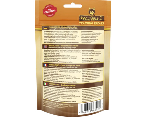Wolfsblut Training Treats Pferd und Süßkartoffel Packungsrückseite