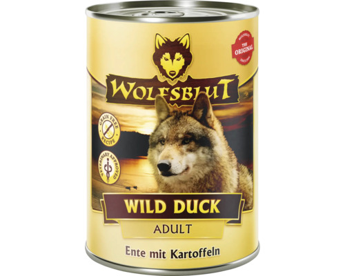 Hundefutter nass WOLFSBLUT Wild Duck Adult mit wertvollen Superfoods, getreidefrei, Glutenfrei 395 g