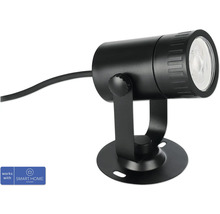 Schwarzer LED Strahler für den Aussenbereich mit Erdspiess und Smart Home Logo