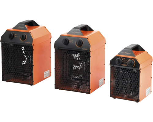 Drei elektrische Heizlüfter in unterschiedlichen Größen