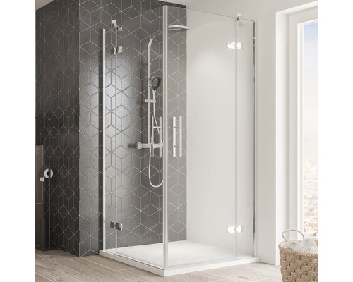 Eckeinstieg mit Drehtür Breuer Avanta 750x900x2000 mm Grau getönt chromoptik Duschkabine mit Duschsystem in einem Badezimmer mit grauen Fliesen