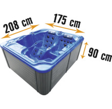 Blauer Whirlpool mit den Maßen 208 cm x 175 cm x 90 cm.