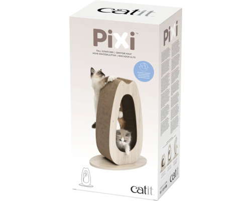 Verpackung eines Catit Pixi Kratzbaums mit Katze