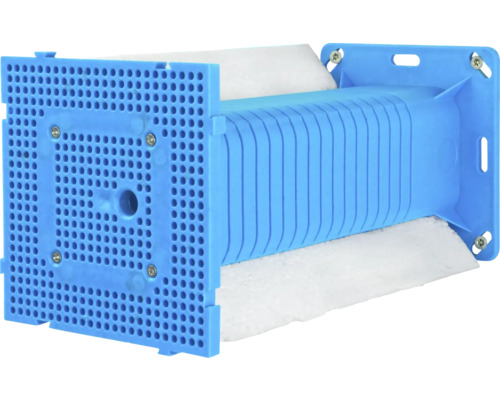 Blauer Fallrohrfilter mit quadratischen Anschlüssen und Filtermaterial