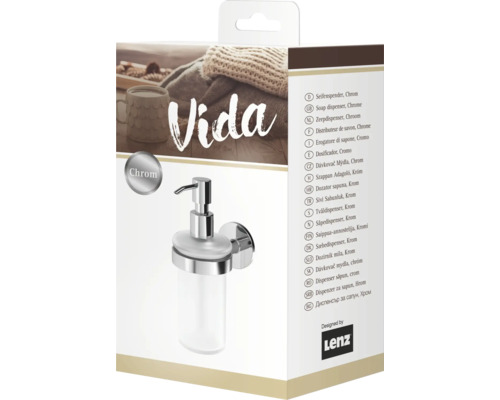 Verpackung eines Lenz Vida Seifenspenders aus Chrom