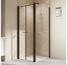 Duschkabine mit dunklem Rahmen und zwei Türen in einem Badezimmer