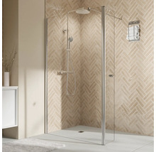 Badezimmer mit Duschkabine aus Glas, Duscharmatur und Handtuchhalter